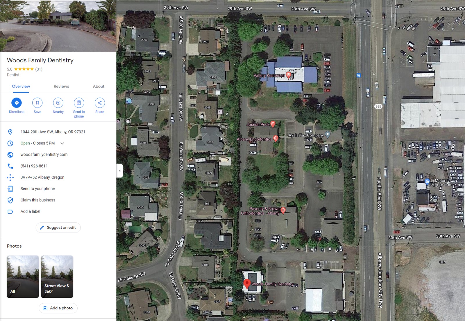 Map showing Woods Family Dentistry at 1044 29th Ave SW, Albany, OR 97321